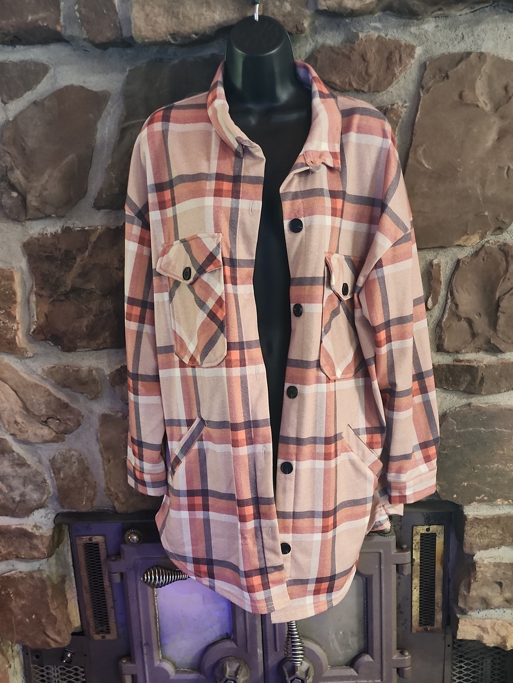 Women's Tan And Orange Plaid Button-Front Shacket Jacket